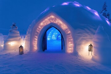Entrance of a beautifully illuminated ice igloo in a frozen winter landscape at twilight, Ice igloo entrance Frozen cold