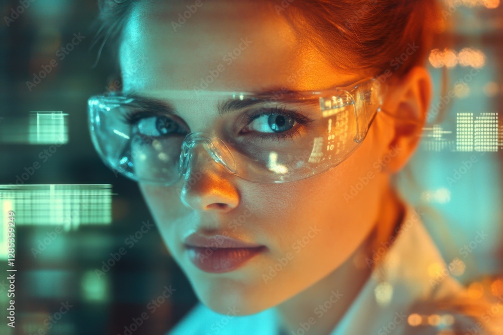 Poster data processing and chemical analysis in a modern laboratory setting with a focused scientist, data 