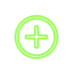 Icon plus circle from the flow of energy of green color. Shimmering neon