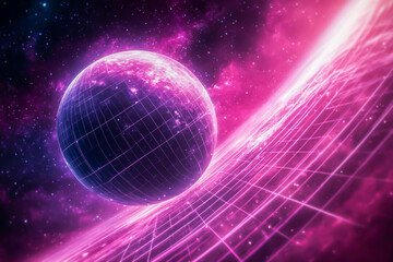 Obraz premium A retro-futuristic grid background with neon pink and purple lighting, featuring an ethereal planet