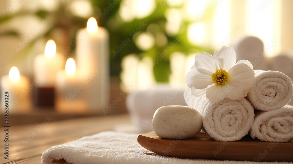 Poster relaxing spa setting with soft towels and elegant flowers under natural light : generative ai