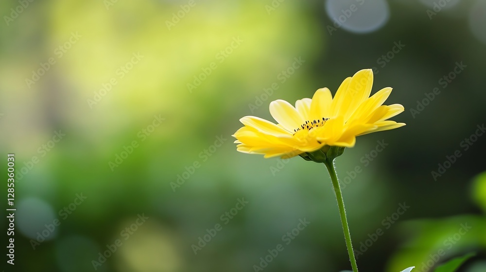 Poster bright yellow flower blooming in lush green background with soft focus creating a serene atmosphere 