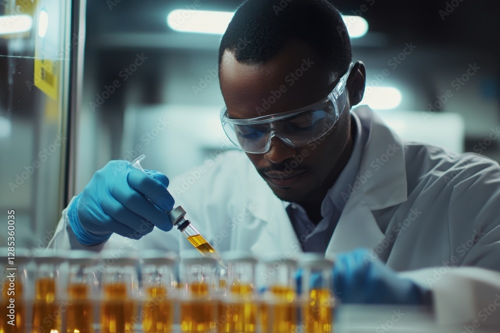 Poster scientist registering experimental ampoules in laboratory setting during research process, scientist