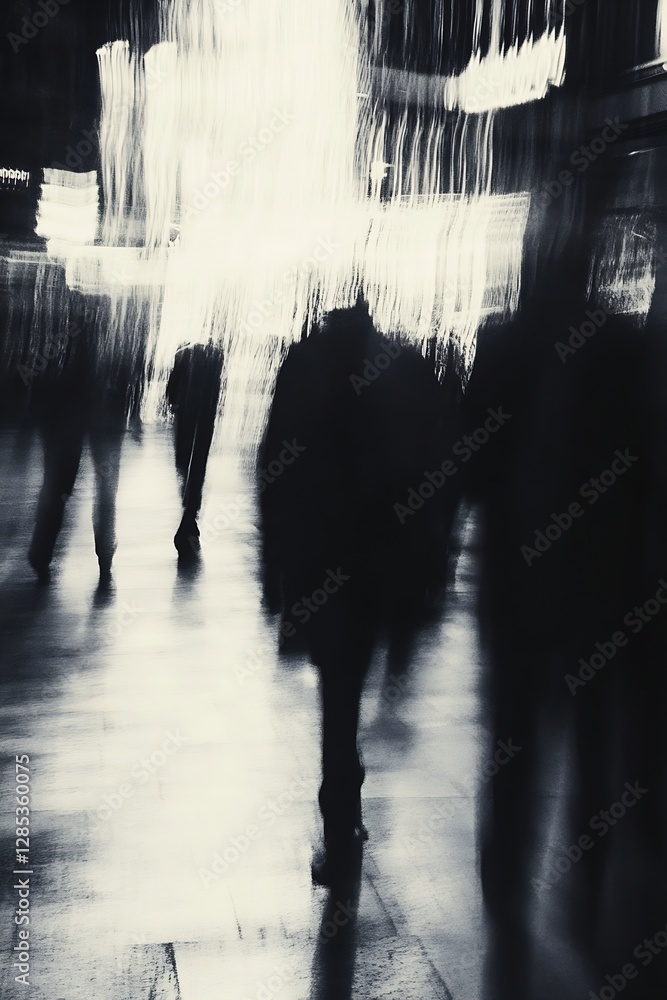 Poster abstract blurred motion of people walking in a city at night creating a mysterious urban atmosphere 