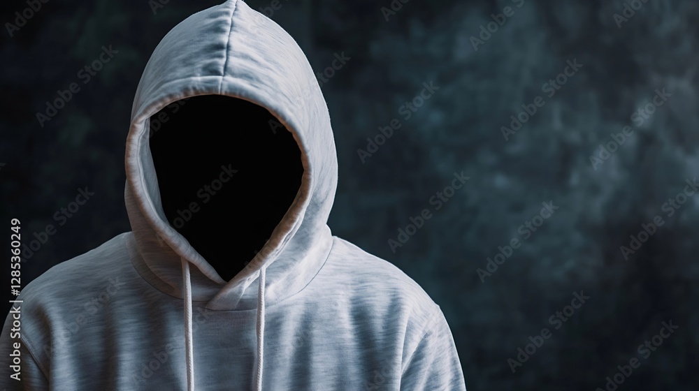 Poster mysterious figure in grey hoodie against dark background creating an enigmatic atmosphere and intrig