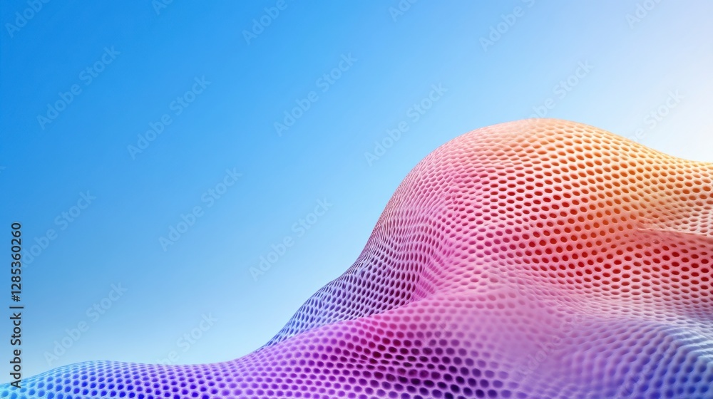 Poster abstract 3d rendering of a colorful, textured landscape against a light blue sky. the surface is com