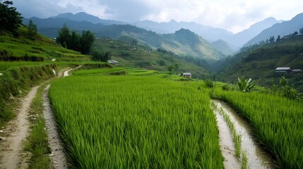 Lush Green Rice Terraces in Majestic Mountains Creating a Scenic Landscape : Generative AI