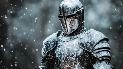 A shining medieval knight in polished armor stands ready for battle, symbolizing bravery, honor, and heroism. The warrior embodies ancient chivalry and modern fantasy adventure