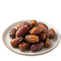 Plate filled with delicious dates against white background
