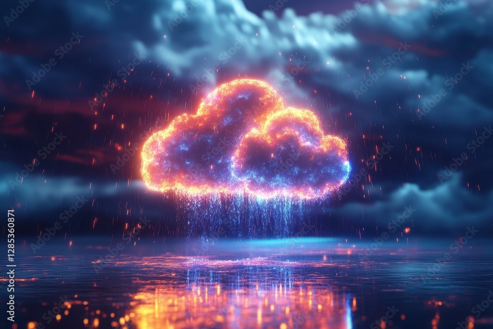 Poster dynamic weather cloud icon with various weather conditions illuminated in a dramatic sky, weather cl