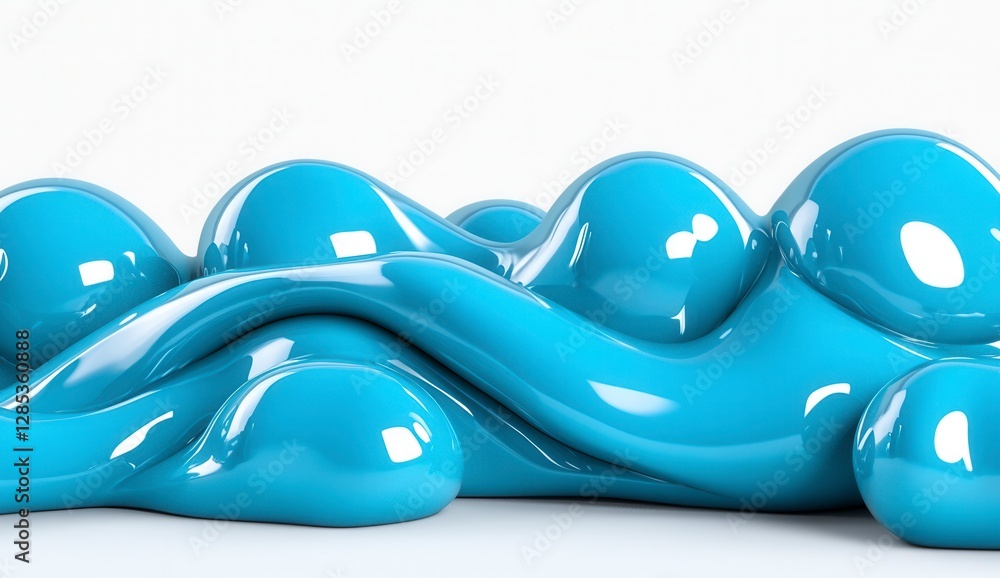 Poster abstract 3d rendering of flowing light blue liquid, glossy surface with smooth curves and highlights