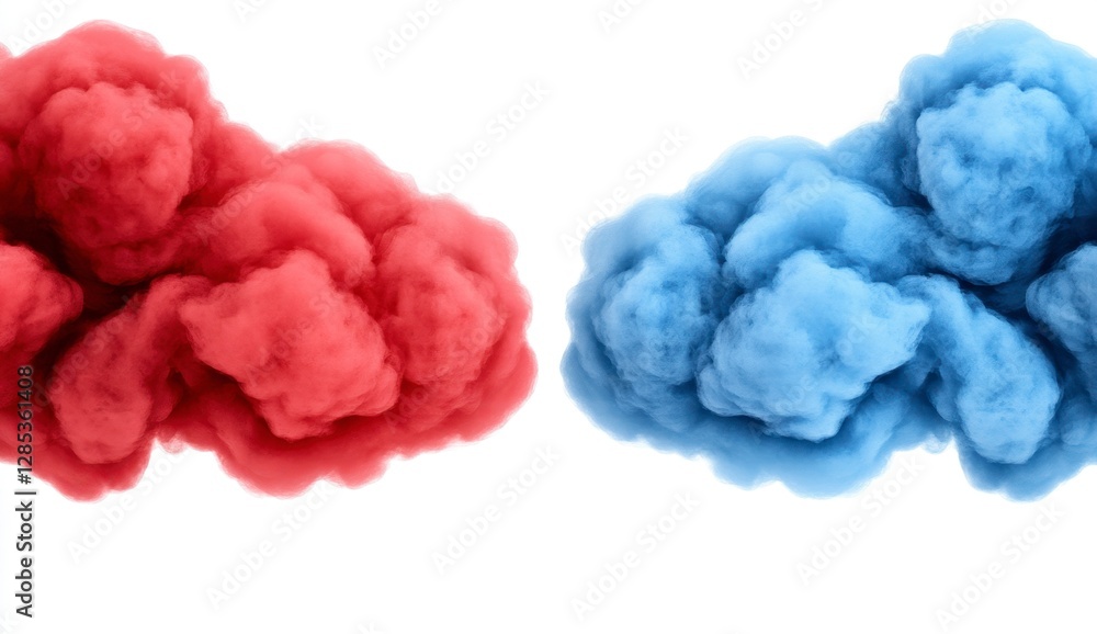 Poster abstract image of red and blue ink clouds on white background. fluid dynamic shapes create a vibrant