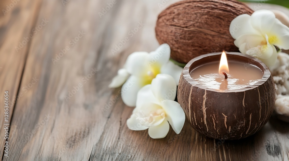 Aufkleber A Natural Coconut Candle Surrounded by White Orchids on a Rustic Table : Generative AI