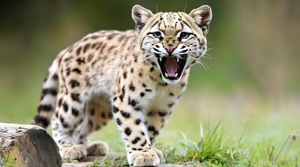 Obraz premium Close Up of a Spotted Ocelot with Open Mouth in a Natural Green Landscape : Generative AI