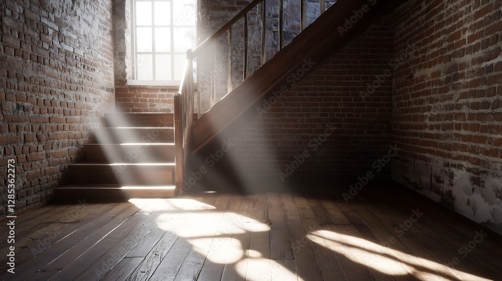 Poster Rustic Stairs Illuminated by Natural Light Creating Warm Ambience : Generative AI