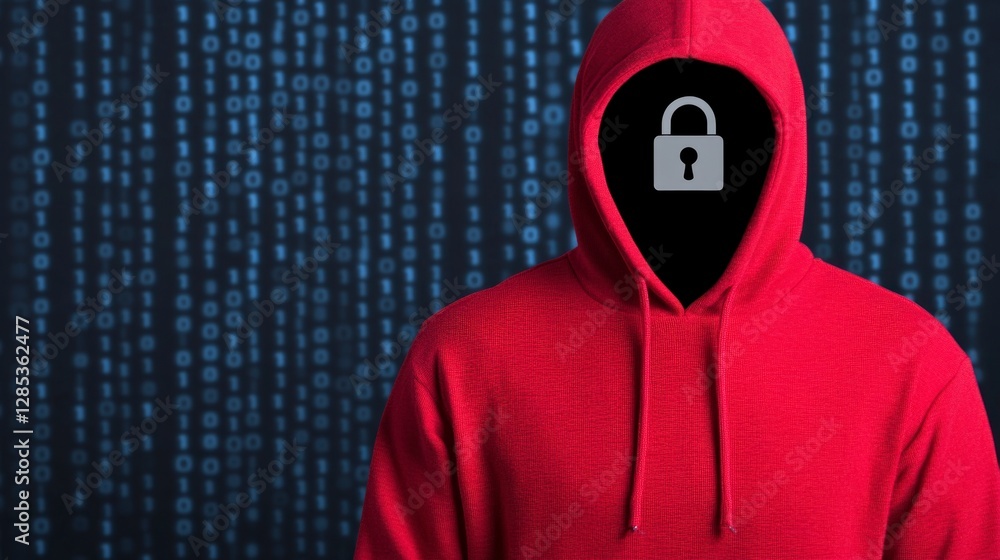 Poster person in a red hoodie with a padlock icon obscuring their face stands before a blue background of b