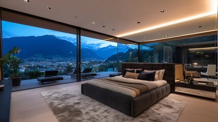 Obraz premium Modern Bedroom with Stunning Mountain View in Luxury Apartment : Generative AI