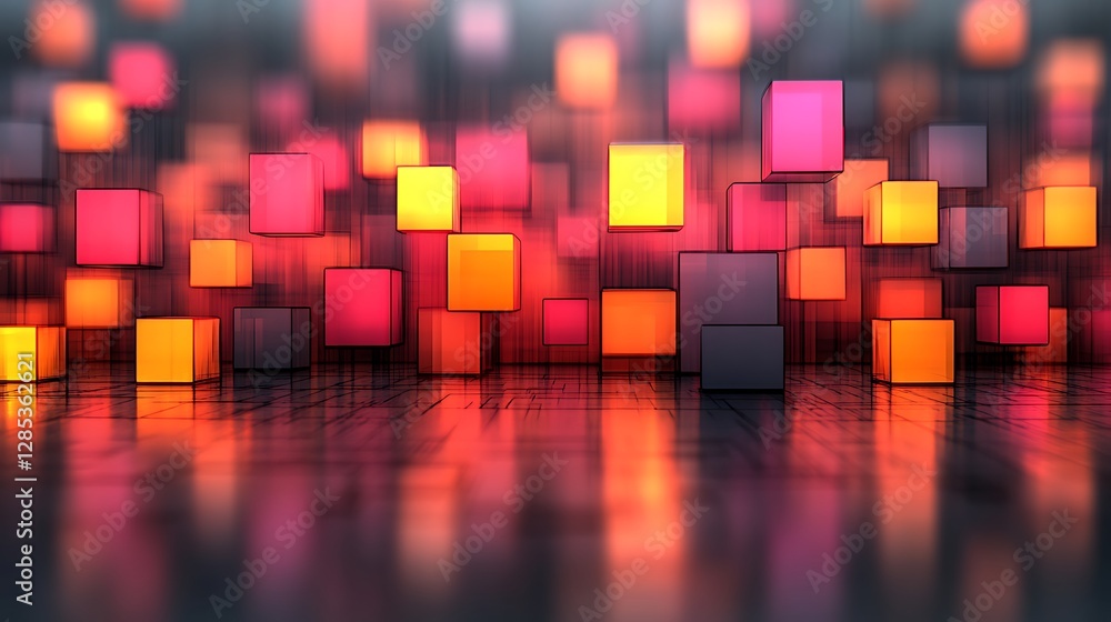 Poster illuminated abstract cubes are floating in a colorful reflective setting