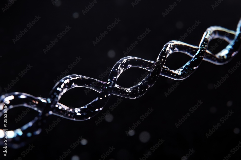 Poster exploring data processing on a dna strand illuminated against a black background, data processing ov