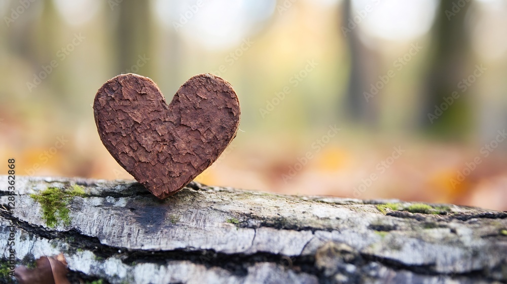 Poster rustic heart shaped decoration made of bark resting on a mossy log surrounded by nature : generative