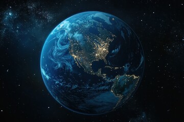 Naklejka premium Stunning view of Earth from space showing illuminated continents during nighttime, 3D Earth Connections Global Technology Woldwide Digital Networkfrom Tokyo,Japan