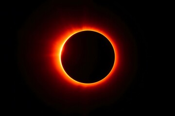 A breathtaking solar eclipse with a radiant red corona illuminating the darkened moon against the black sky, creating a mesmerizing celestial display.