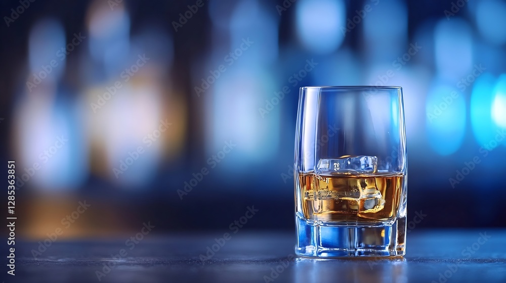 Poster whiskey glass with ice cube against blurred bar background in stylish ambiance : generative ai