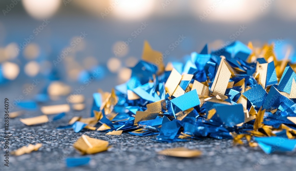 Poster blue and gold metallic confetti scattered on a dark surface. close up view with shallow depth of fie