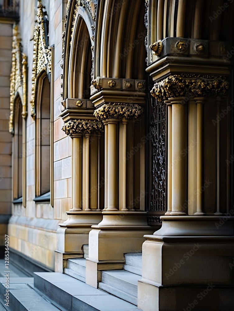 Poster intricate architectural details of classic columns with gold trim in historic building : generative 