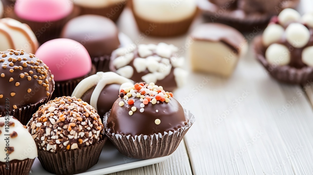 Poster assorted handcrafted chocolate delicacies displayed on a wooden table : generative ai