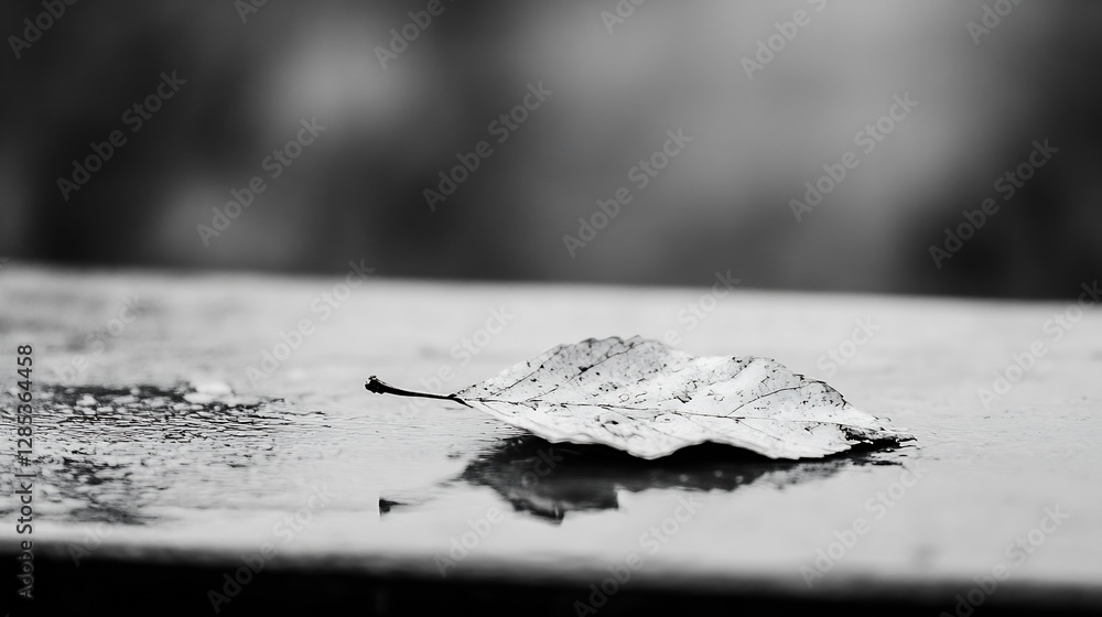 Poster black and white close-up of a lonely leaf on wet surface after rain : generative ai
