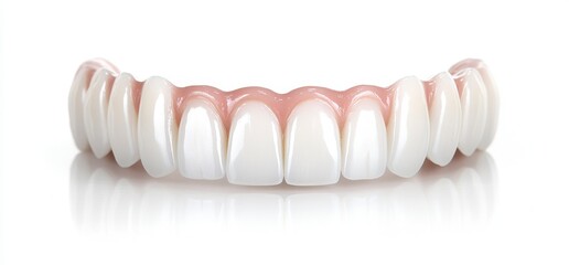 Fototapeta premium Full set of bright white artificial teeth with pink gum line, isolated on white background. Dental, healthcare, aesthetic dentistry concept