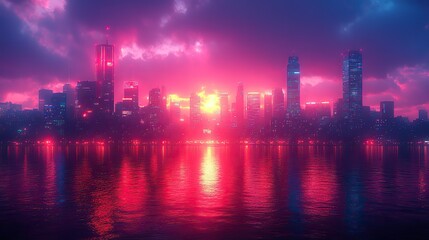 A retro futuristic cityscape pulses with neon light against a dark grid, creating a dynamic and vibrant scene