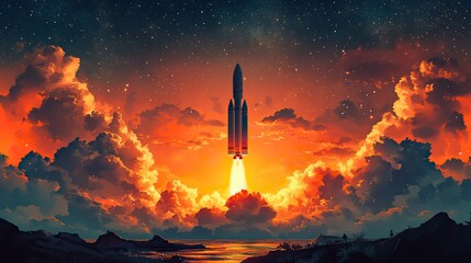 A retro space rocket launch illustration captures the power and excitement of a rocket taking flight