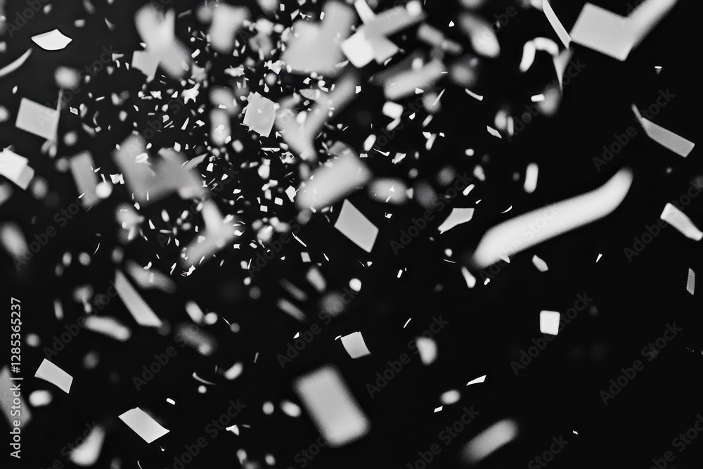 Poster dynamic fall of paper particles in a dark background creating a mesmerizing visual effect, falling p
