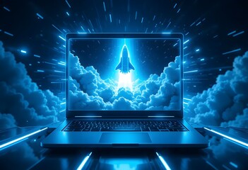 Futuristic Laptop Displaying Rocket Launching Through Clouds, Neon Blue Glow, Innovation and Technology Concept, Digital Transformation.