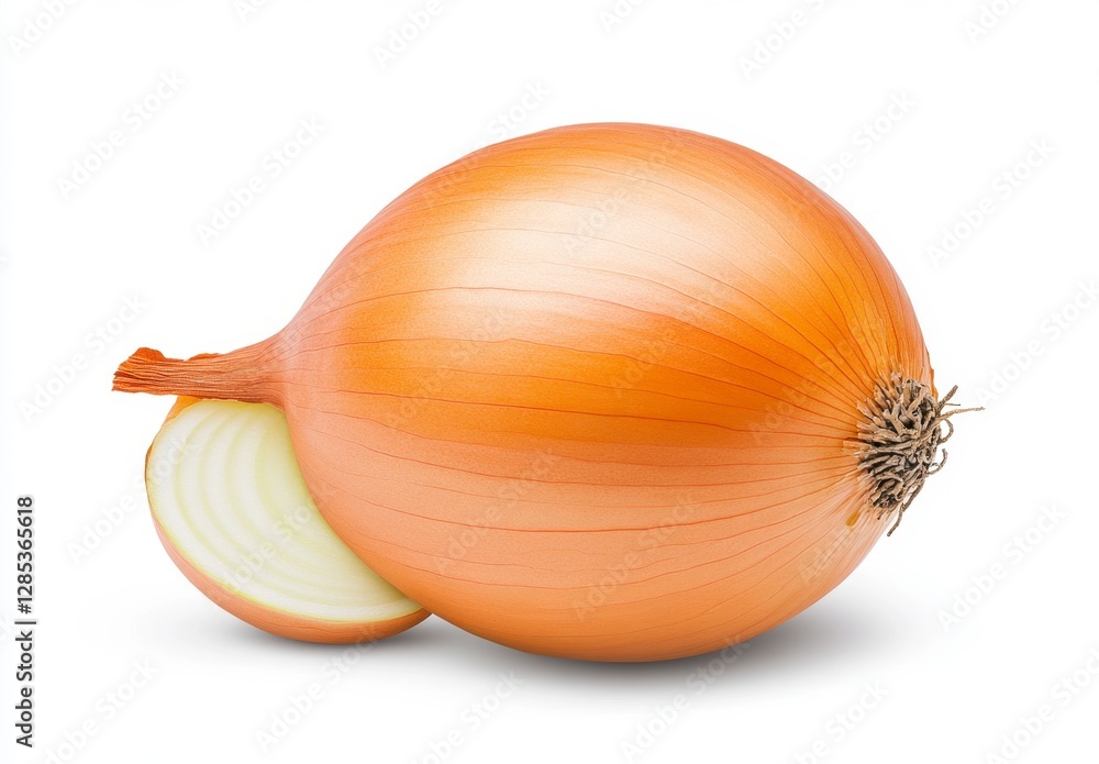 Poster close up of a whole yellow onion and a cross section slice against a white background. the onion is 