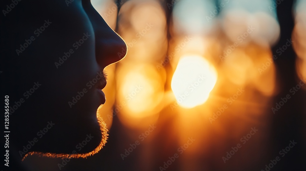 Poster Silhouette of a pensive person against a glowing sunset background illustrating reflection and introspection in nature : Generative AI