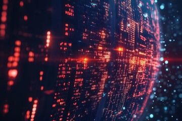 Digital data processing visualized through binary coding on a globe representing global connectivity, binary coding digital data processing over globe