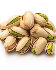 Close up of a pile of shelled pistachios against a bright white background. The nuts are light beige with hints of green
