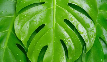 Obraz premium Close up view of vibrant green tropical leaves with water droplets, showcasing detailed texture and natural freshness
