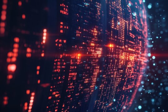 Digital data processing visualized through binary coding on a globe representing global connectivity, binary coding digital data processing over globe