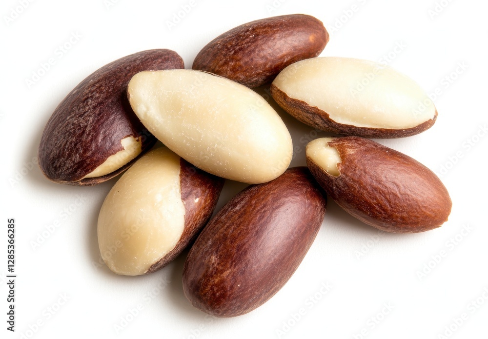 Poster close up view of several brown and beige brazil nuts arranged on a white background. the nuts are ob