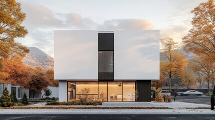 Obraz premium Modern minimalist building exterior in autumn setting.