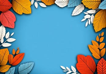 Obraz premium Autumn leaves border on a light blue background. Colorful foliage in a paper cut style creates a frame. Perfect for fall themes