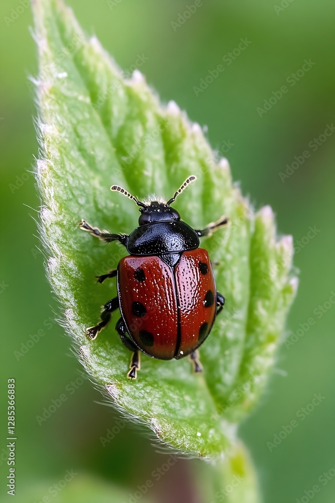 Poster close up of a beautiful ladybug resting on a green leaf in nature's habitat : generative ai