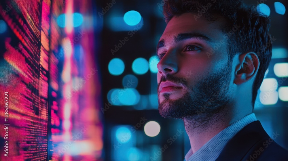 Poster cyberpunk man contemplating digital data streams