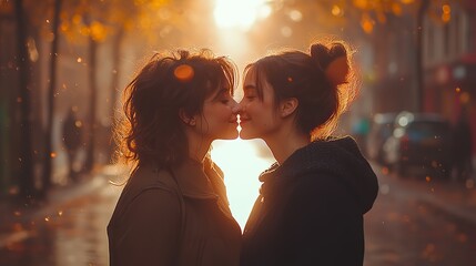 A romantic LGBTQ couple sharing a kiss on the street celebrates love and acceptance, representing diversity and equality