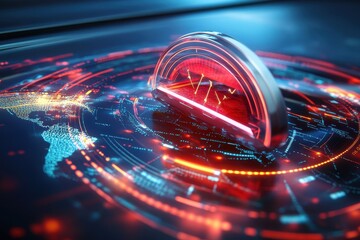 Internet speedometer visualization showcasing global network connections and data flow analysis, internet speedometer and network of connections over globe