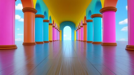 Vibrant colorful hallway with arched entryways and columns, wooden floor, and a bright sky view at...